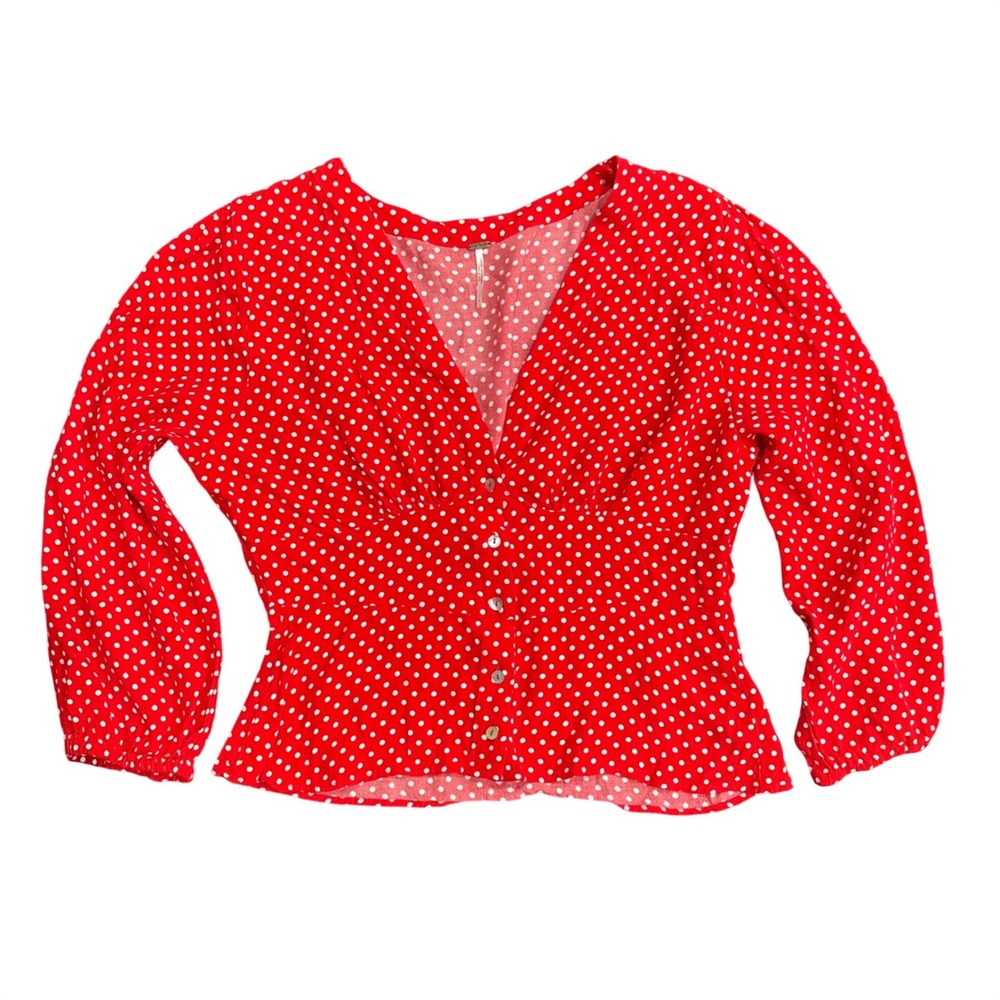 Free People Red Polka Dot Off The Shoulder Button Front Peplum Blouse Large